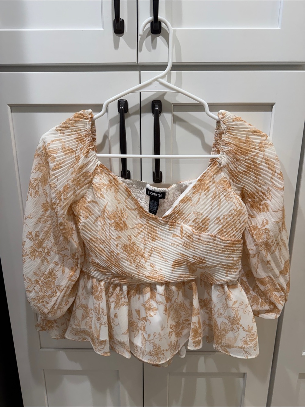 Express Cream & Tan Floral Smocked Peplum Blouse